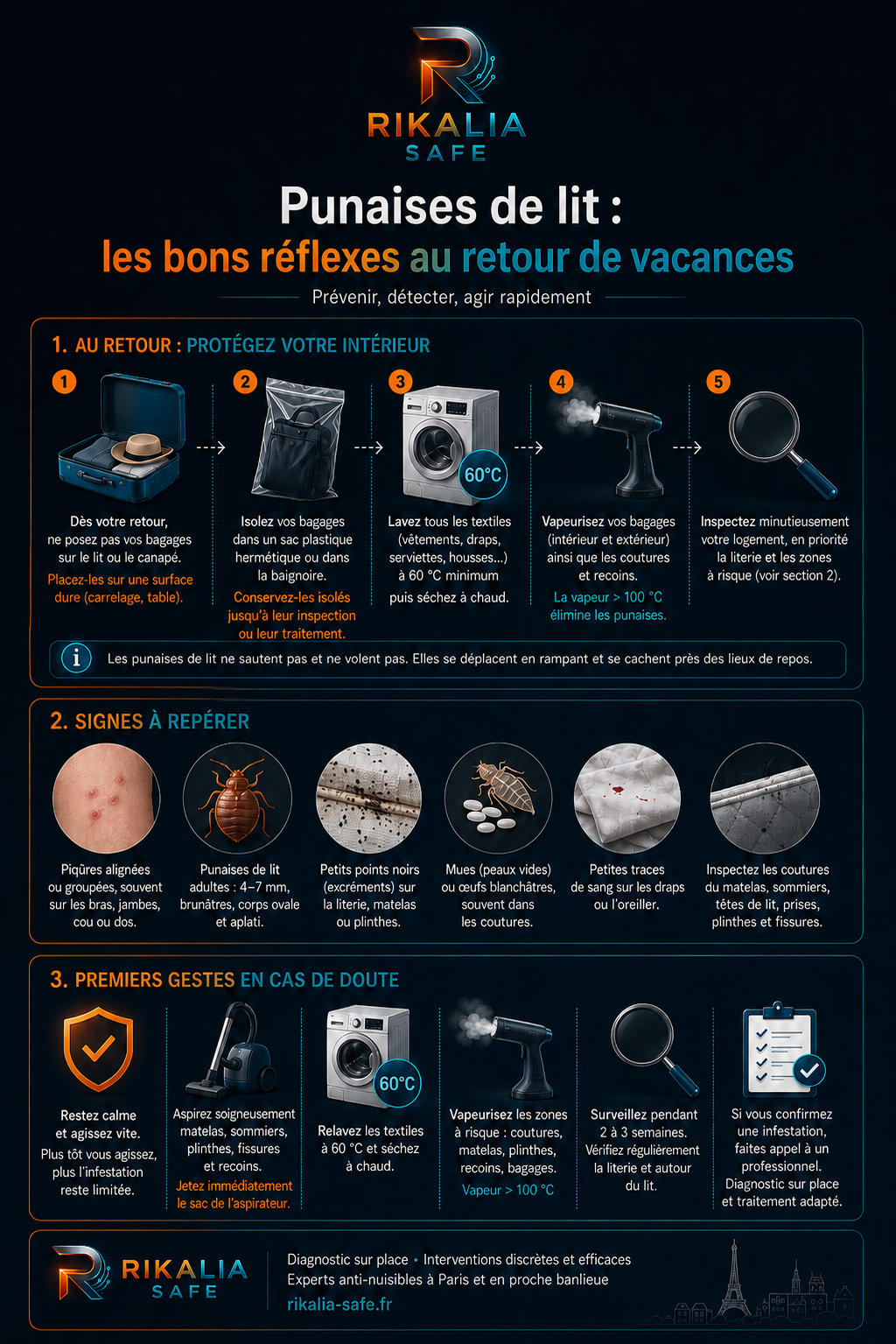 Punaises de lit au retour de vacances : les bons réflexes Infographie Rikalia Safe : bons réflexes contre les punaises de lit au retour de vacances